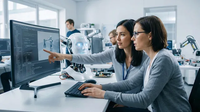 ai, robot, technology, coding, laboratory, development, women, engineering, collaboration, future, innovation, software, research, science, tech, workplace, machine, human, screen, data, ai generated. WBSO en innovatiebox: hoe werkt fiscale steun voor R&D?
